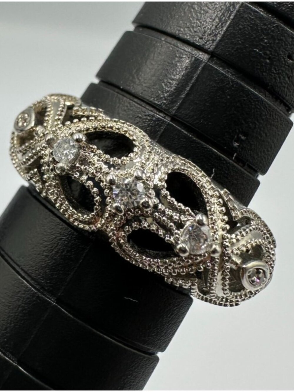 Filigree Ring Silver Tone Openwork Crystal Milgrain Statement Size 5.75